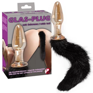 Glass Plug with Tail - Üveg análplug fekete műszőrme farokkal