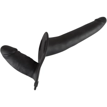 Double Strap On Black Silicone - Felcsatolható dupla dildó nőknek fekete szilikonból