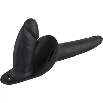 Double Strap On Black Silicone - Felcsatolható dupla dildó nőknek fekete szilikonból