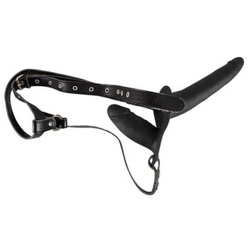 Double Strap On Black Silicone - Felcsatolható dupla dildó nőknek fekete szilikonból
