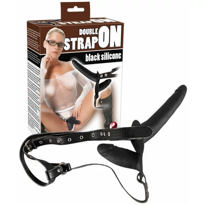 Double Strap On Black Silicone - Felcsatolható dupla dildó nőknek fekete szilikonból