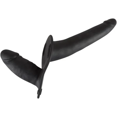 Double Strap On Black Silicone - Felcsatolható dupla dildó nőknek fekete szilikonból