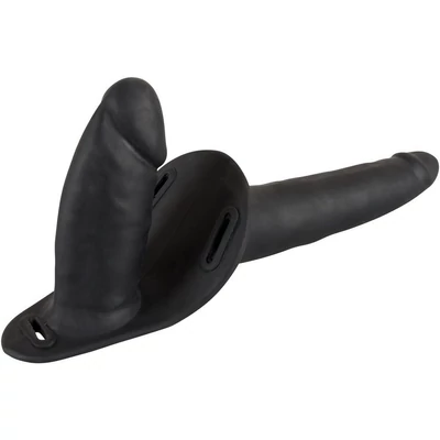 Double Strap On Black Silicone - Felcsatolható dupla dildó nőknek fekete szilikonból