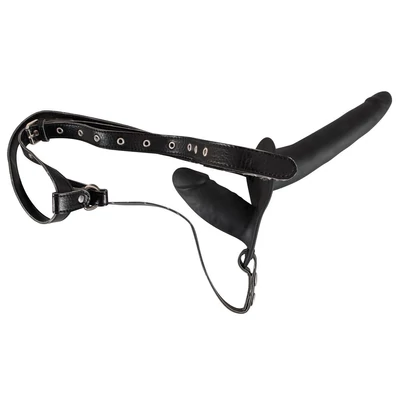 Double Strap On Black Silicone - Felcsatolható dupla dildó nőknek fekete szilikonból